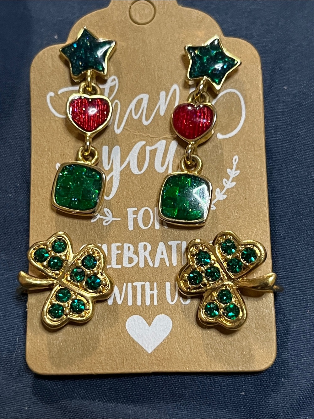 Gold-Tone Dangle Earrings with Green and Red Gem Accents